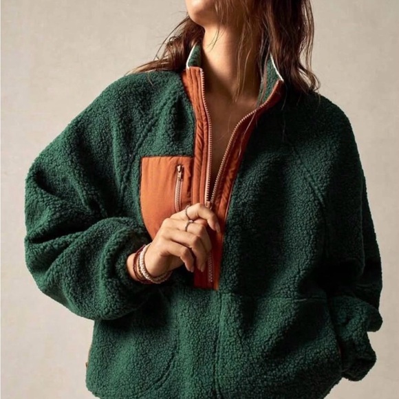 SHEIN Jackets & Blazers - Women's Green and Orange Fleece Jacket